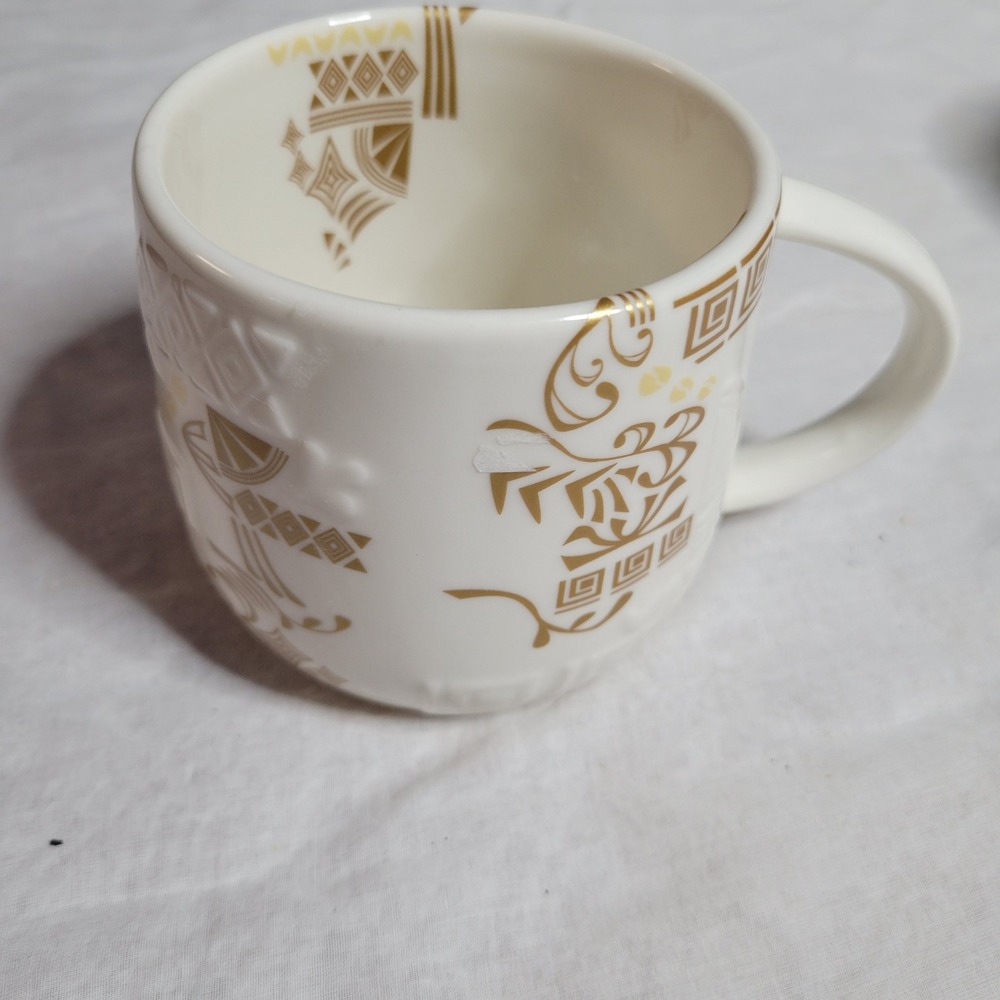 Starbucks 2012 New Bone China Coffee Mug Gold Embossed Geometric White 12oz